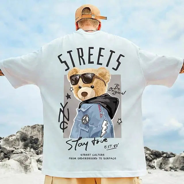 Camiseta masculina solta com estampa de urso da moda verão