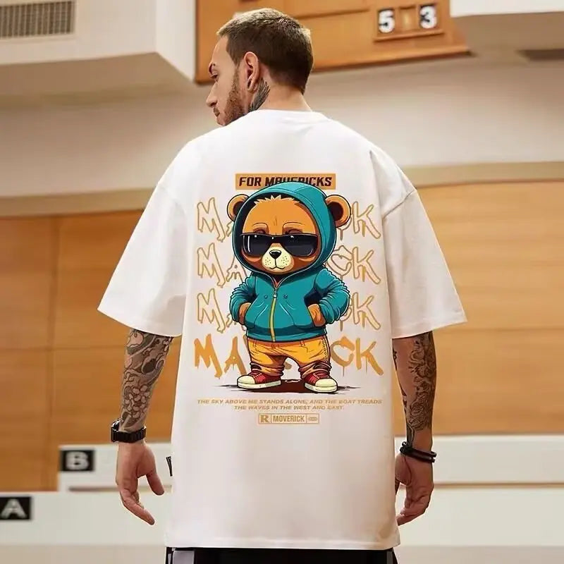 Camiseta masculina solta com estampa de urso da moda verão