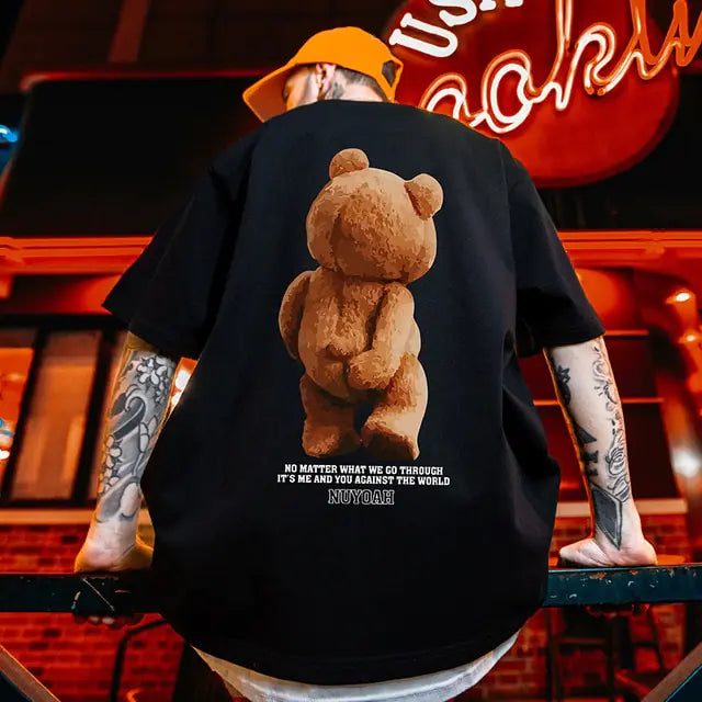 Camiseta masculina solta com estampa de urso da moda verão