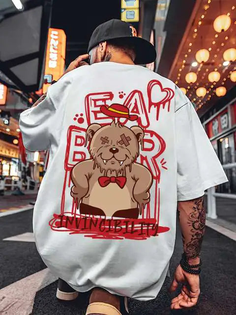 Camiseta masculina solta com estampa de urso da moda verão