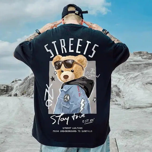 Camiseta masculina solta com estampa de urso da moda verão