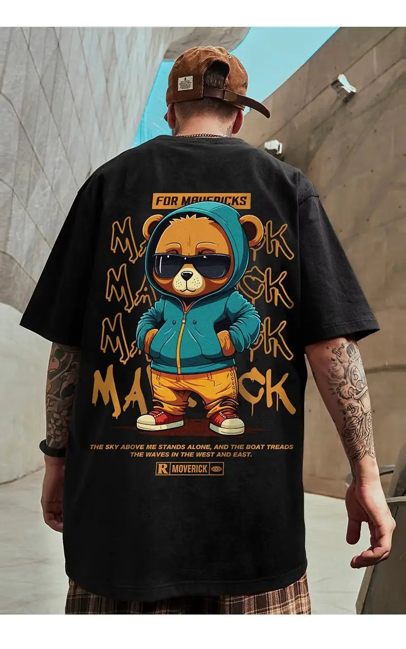 Camiseta masculina solta com estampa de urso da moda verão