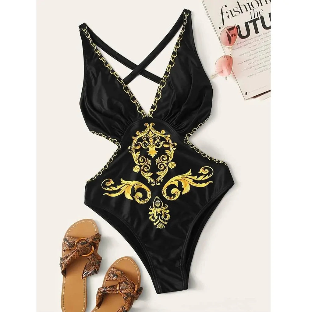 Baroque Print Criss Cross Monokini Swimsuit - Women's Beachwear 2021