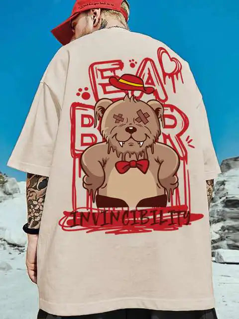 Camiseta masculina solta com estampa de urso da moda verão