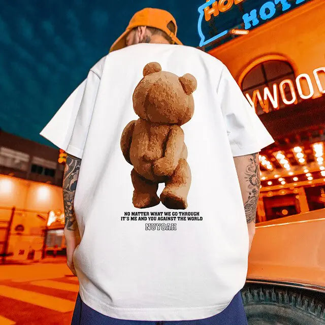 Camiseta masculina solta com estampa de urso da moda verão