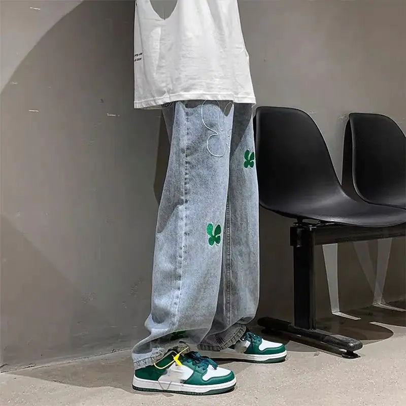 Men's Jeans Fashion Embroidery Baggy Denim Trousers