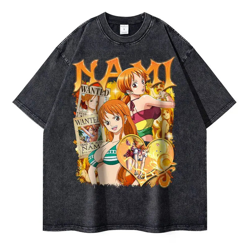 Nami Camisetas Oversized Streetwear Vintage Lavado Anime One Piece Camiseta Manga Curta Mangá Ace Sanji Luffy Zoro Tops Tees Homem 