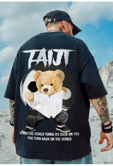 Camiseta masculina solta com estampa de urso da moda verão