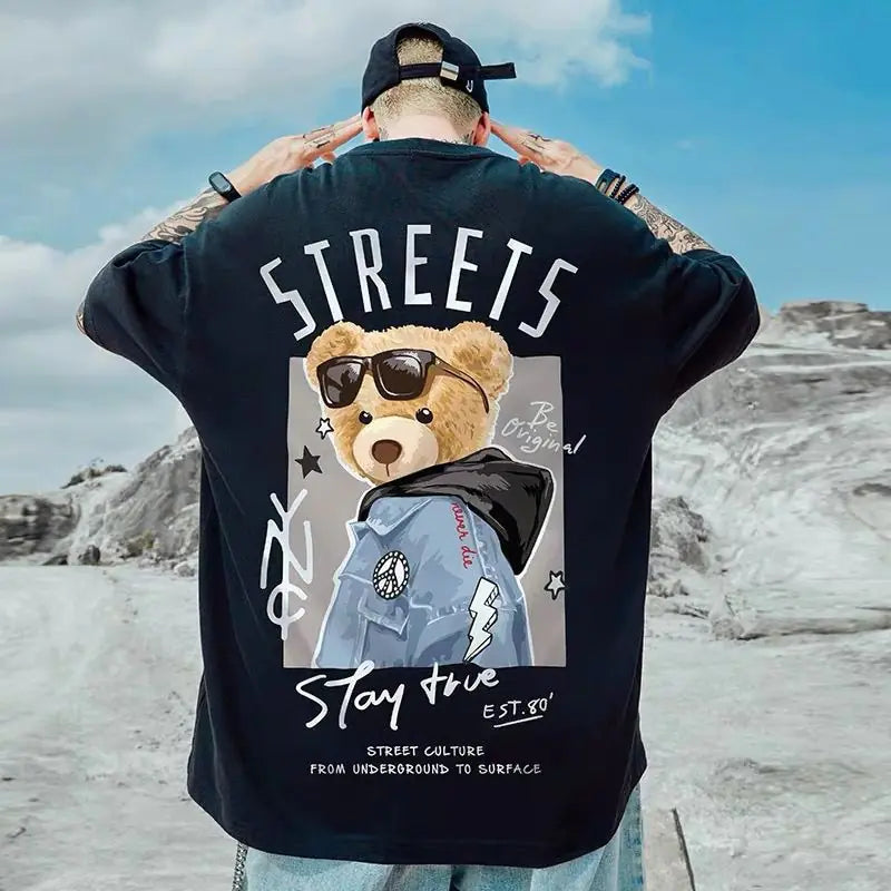 Camiseta masculina solta com estampa de urso da moda verão